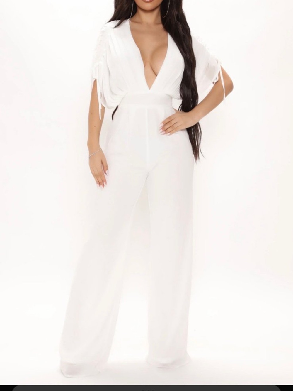Fashion Nova White Plunge Wide-Leg Jumpsuit
